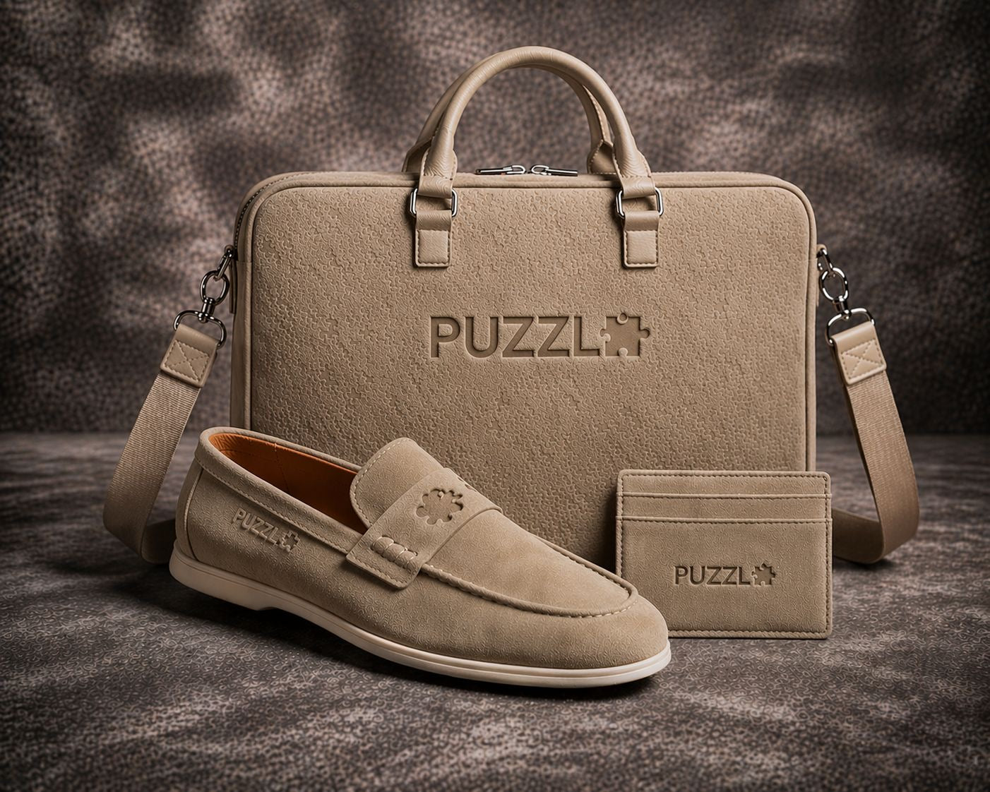 Sand Beige Puzzle senate business bag & Suede FCT Puzzle Loafer