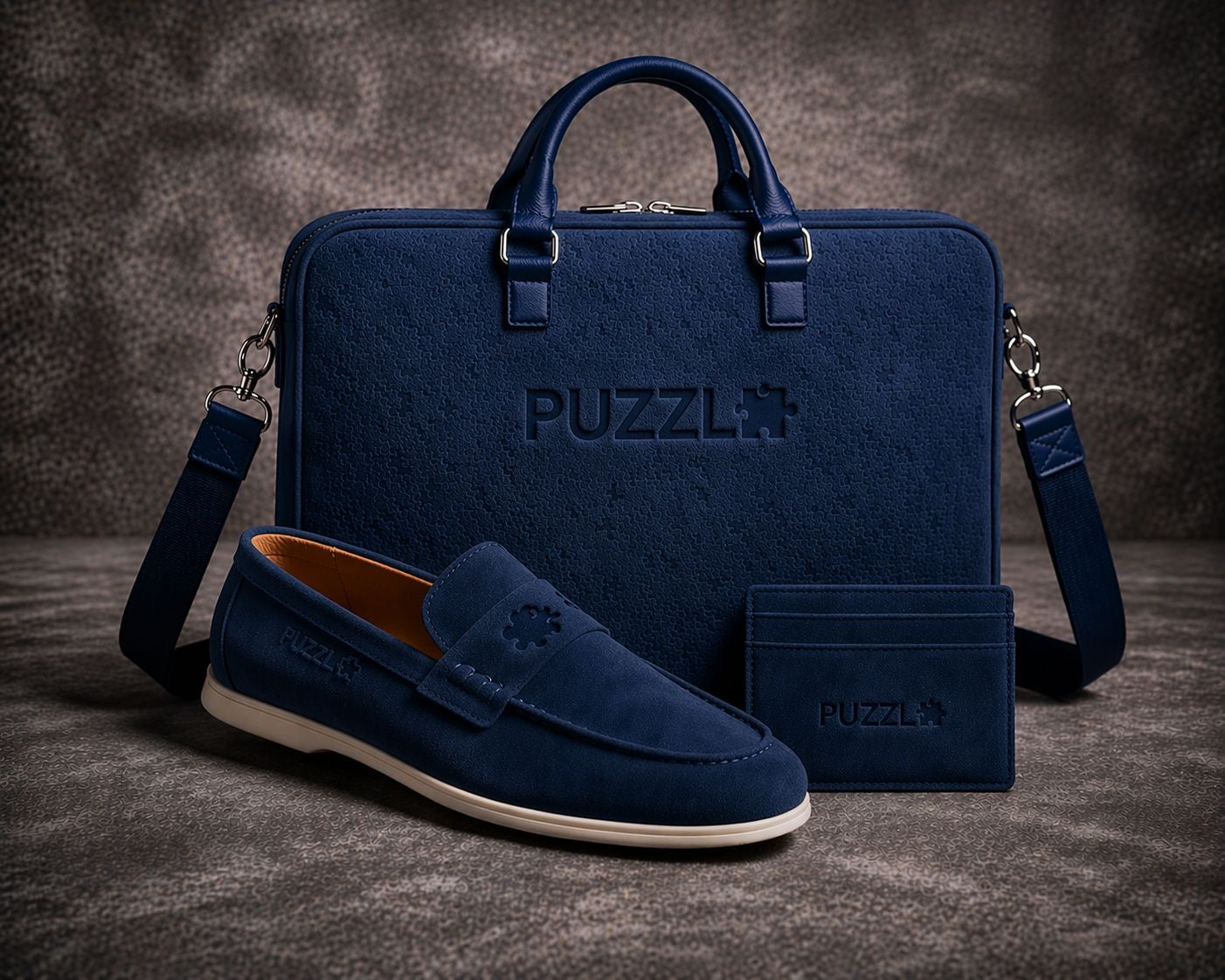 Navy Blue Puzzle Senate Business Bag & Suede FCT Puzzle Loafer
