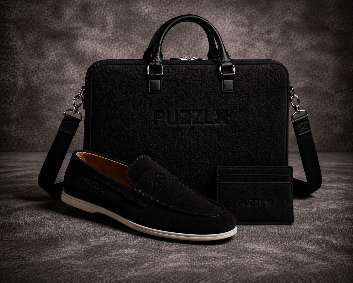Black Puzzle senate business bag & Suede FCT Puzzle Loafer